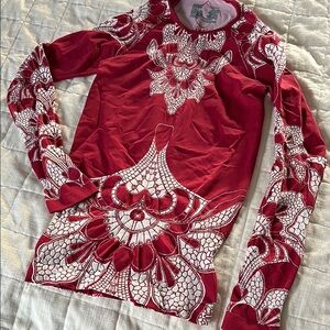 Athleta Red and White Long Sleeve base layer ski top with Floral Design